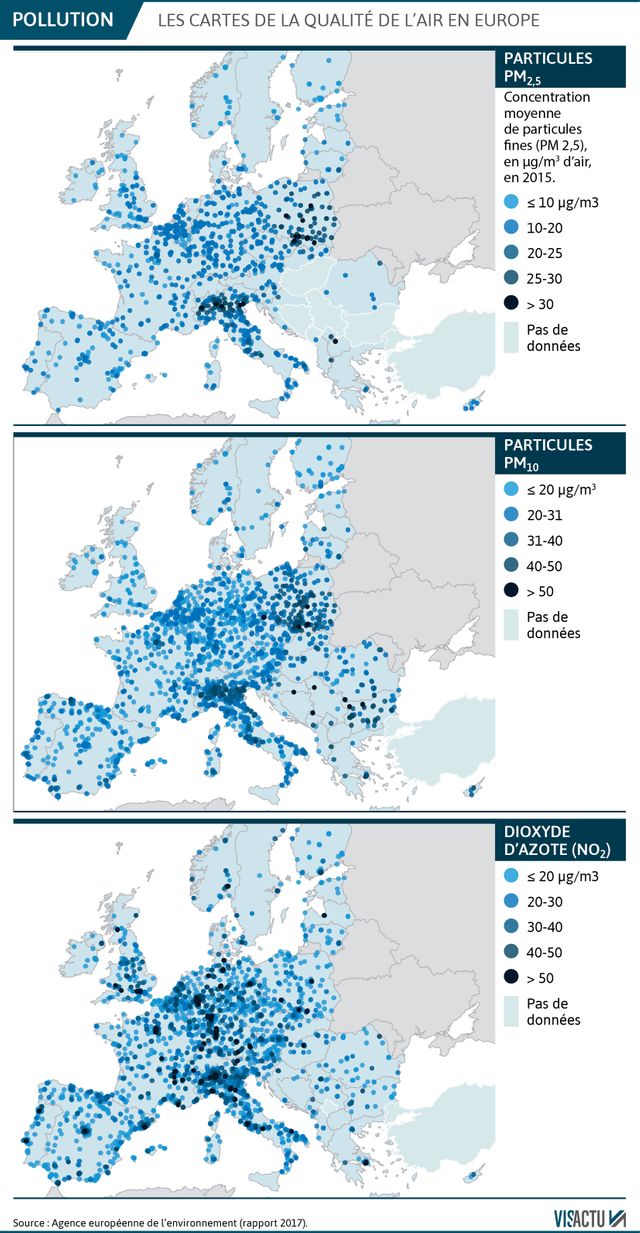 Pollution : les cartes de la pollution aux particules fines et au dioxyde d'azote en Europe.