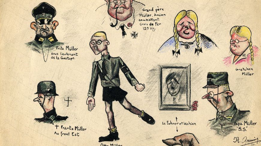 René Goscinny Famille Mueller vers 1943, Encre de Chine et mine de plomb