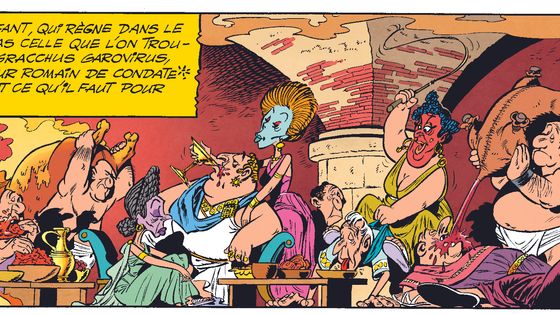 Orgie orgie, nous voulons des orgies. Dans Astérix chez les Helvètes (1970). Goscinny et Uderzo transposent la scène de l’orgie romaine du Satyricon de Fellini. - Auteur : Editions Albert René