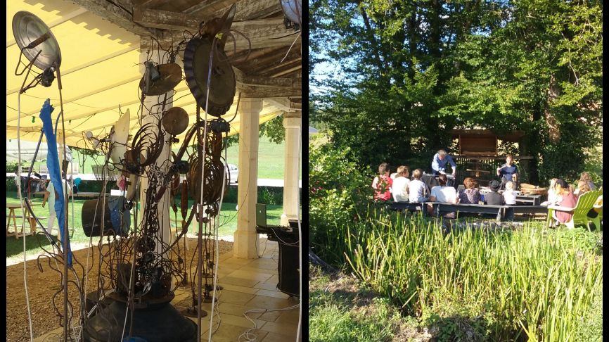 Forêt mécanique et musiciens et enfants dans les champs