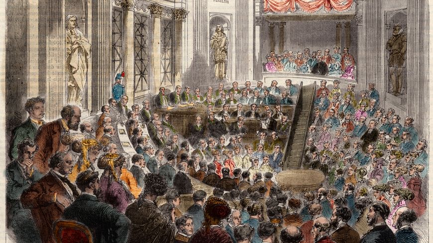 Gravure de la séance de l'Académie française du 23 avril 1868, publiée "L'Univers illustre" en 1868.