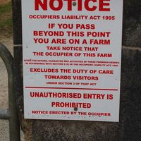 Notice excluding duty of care to farm visitors This notice is outside Rennard Pig Farm at Deeps, but it is a standard notice seen on many farms in Ireland.