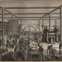 Manufacture de caoutchouc. Gravure de 1885 dans "Les arts et métiers illustrés" par Adolphe Bitard.