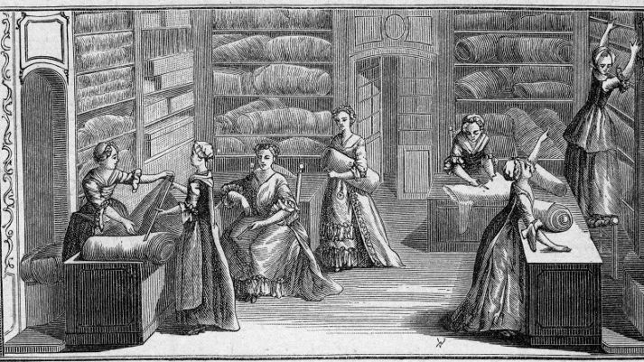 Boutique d'une "marchande de modes" au 18eme siècle. Gravure In "La Marine et les colonies : commerce", 1888.