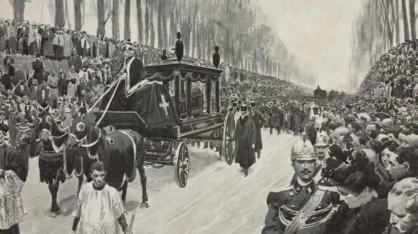 Funérailles de Giuseppe Verdi à Milan, le 30 janvier 1901, dessin de Fortunino Matania, publié dans Lillustrazione Italiana en février 1901.