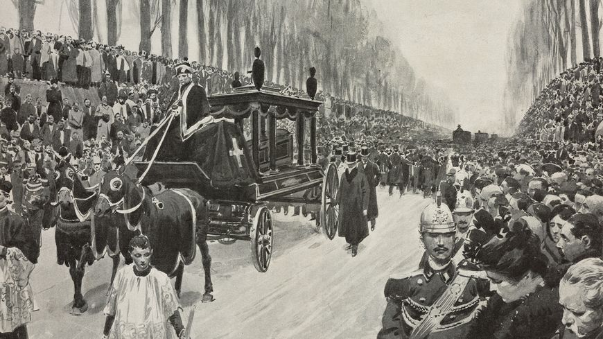Funérailles de Giuseppe Verdi à Milan, le 30 janvier 1901, dessin de Fortunino Matania, publié dans Lillustrazione Italiana en février 1901.