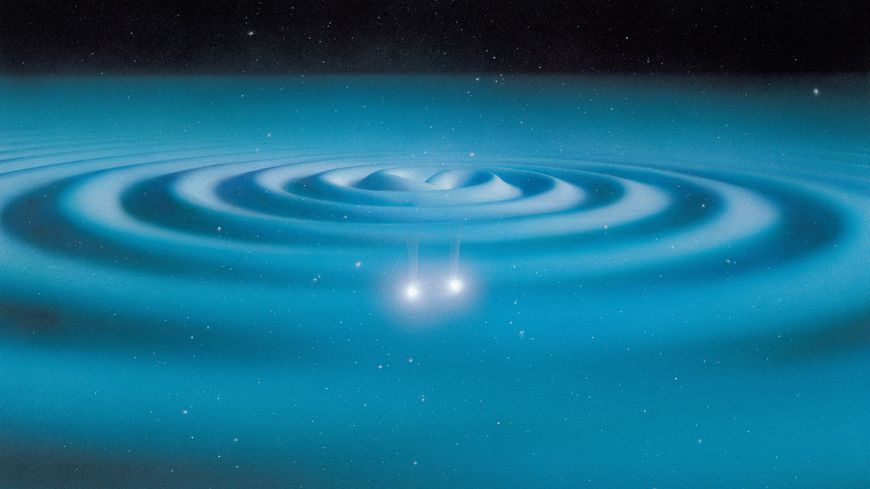 Pulsar binaire et ondes gravitationnelles, vue d'artiste