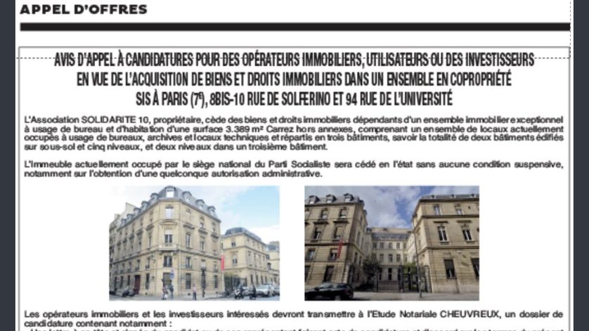Annonce de la vente du siège parisien du Parti Socialiste dans Les Echos du 18 octobre 2017