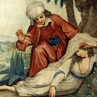 Gravure (1747) illustrant la scène de retrouvailles entre Zadig et Astartée dans Zadig ou la Destinée, de Voltaire. / BNF