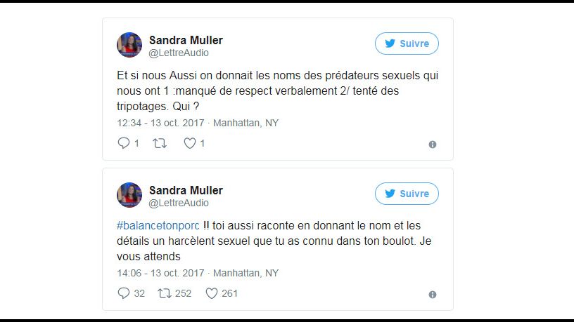 C'est la journaliste Sandra Muller, de la Lettre de l'audiovisuel, qui a lancé #balancetonporc, devenu ce week end le plus relayé sur Twitter