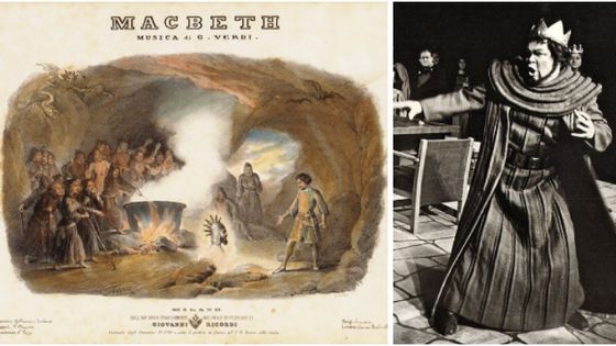 Lithographie de Macbeth rencontrant les sorcières / Günther Hofmann interprète Macbeth en 1972 - Roberto Focosi (dessin) et Francesco Corbetta (lithographie) / Walter Hinghaus
