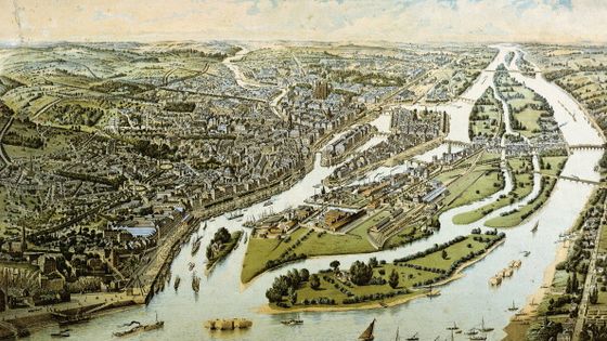 Lithographie de la Loire traversant la ville de Nantes en 1888. ©Getty - DEA / G. DAGLI ORTI/De Agostini
