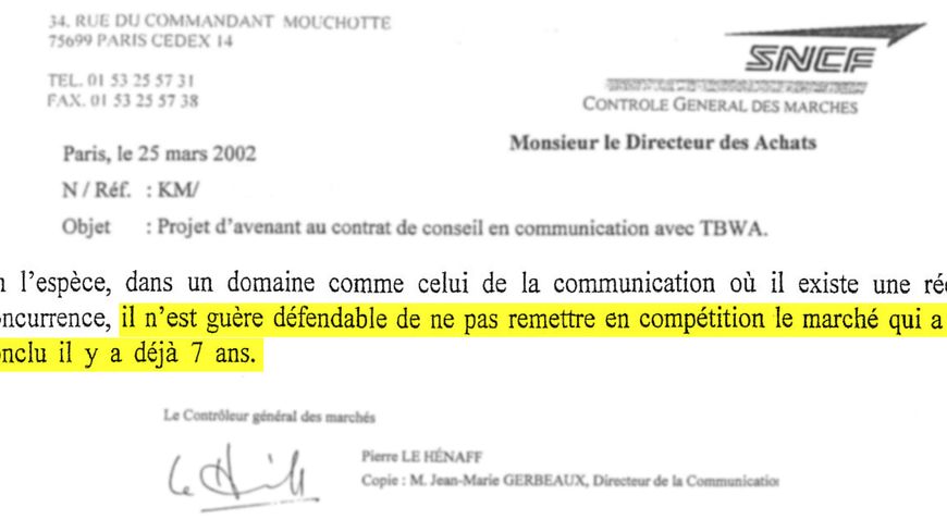 Extrait de la lettre du contrôleur des marchés de la SNCF à la Direction des achats