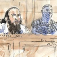 Dessin représentant Abdelkader Merah au cours de son procès au tribunal de grande instance de Paris, le 2 octobre 2017.
