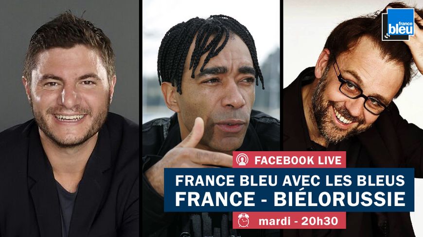 L'ancien international Patrice Loko (c), le journaliste Germain Arrigoni (g) et le commentateur Bruno Salomon (d) animeront France Bleu avec les Bleus lors de France-Biélorussie