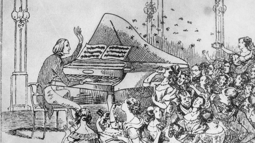 Caricature du public (féminin et ébahi) de Liszt, publié en 1842.