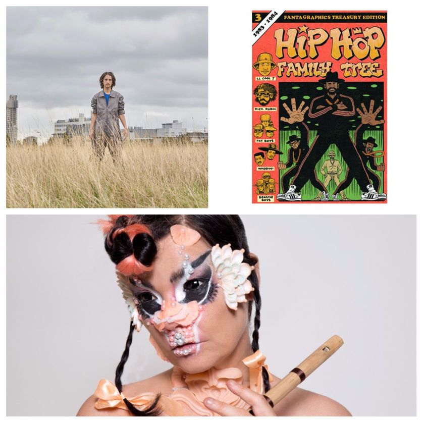 En haut à gauche : James Holden ; à droite : couverture de l'album "Hip Hop Family Tree"; en bas : Björk
