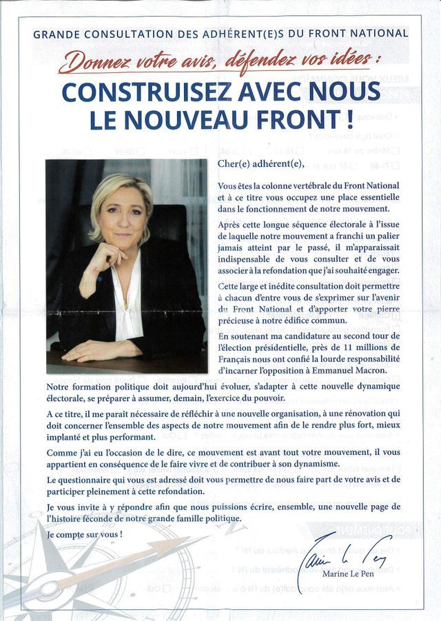 Sur 8 pages, le Front National demande à ses adhérents de se prononcer sur la ligne du parti