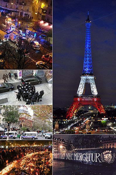 Montage de plusieurs images se rapportant aux Attentats du 13 novembre 2015 en France. Fugitron (Montage)
