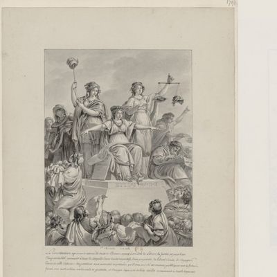 La Constitution, à ses côtés la Liberté, la Justice, et pour base l'impartialité, après avoir assuré les droits de l'homme, garantit à tous les citoyens leurs droits respectifs, et s'occupe d'un code de loix civiles communes à tout le royaume, 1791