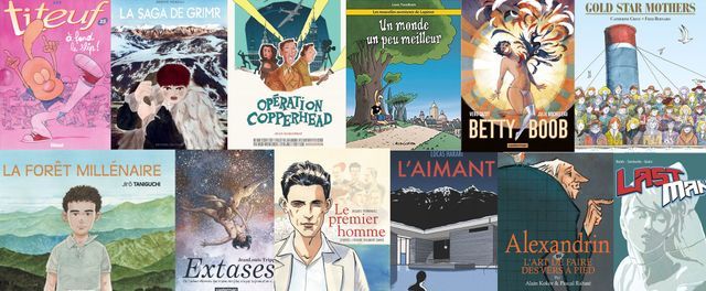 Images des BD de la sélection de la rentrée 2017 de France Inter avec les couvertures de Titeuf, La Saga de Grimr, Opération Copperhead, Un monde un peu meilleur, Betty Boob, Gold Star Mothers, L'Aimant