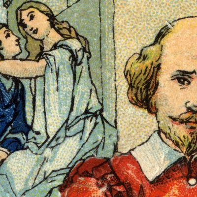 Portrait de William Shakespeare (1564-1616) auteur de la pièce "Roméo et Juliette" représentée à l'arrière plan. Chromolithographie de 1936.