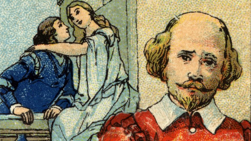 Portrait de William Shakespeare (1564-1616) auteur de la pièce "Roméo et Juliette" représentée à l'arrière plan. Chromolithographie de 1936.