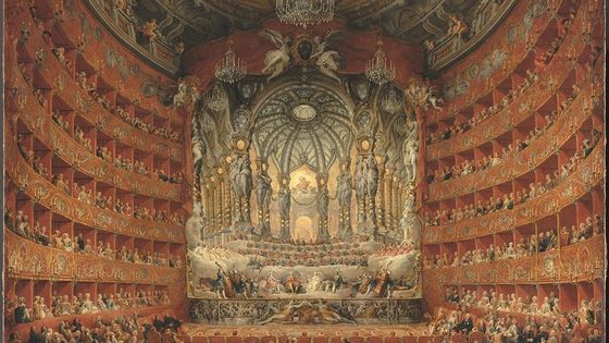 Giovanni Paolo Panini : "Fête musicale donnée par le cardinal de La Rochefoucauld au théâtre Argentina à Rome en 1747 à l’occasion du mariage du Dauphin, fils de Louis XV", 1747, Huile sur toile, 205 x 24 cm Paris, musée du Louvre - RMN-‐Grand Palais (musée du Louvre)/Hervé Lewandowski