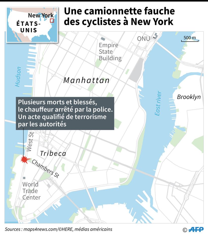 Carte du sud de Manhattan à New York où un véhicule a renversé des cyclistes, ce mardi