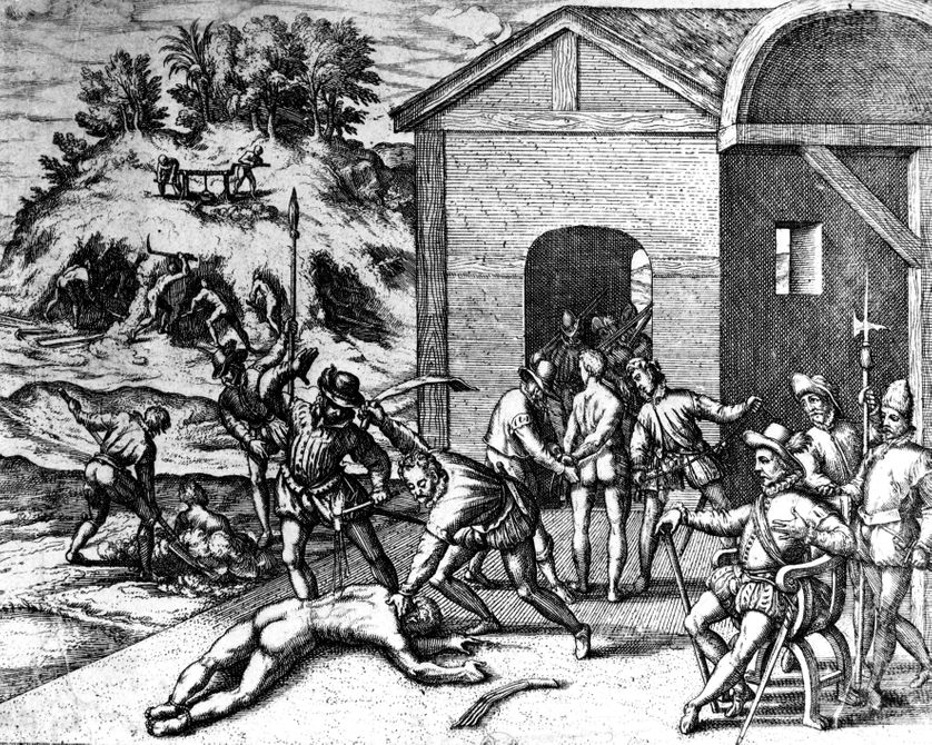 Gravure représentant la conquête espagnole au XVIème siècle en Amérique.