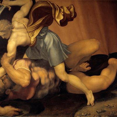 "Dérégulation et concurrence déloyale", les excès de la liberté en économie? - "David et Goliath" Peinture sur ardoise double face de Daniele de Volterra (1509-1566), 16eme siecle