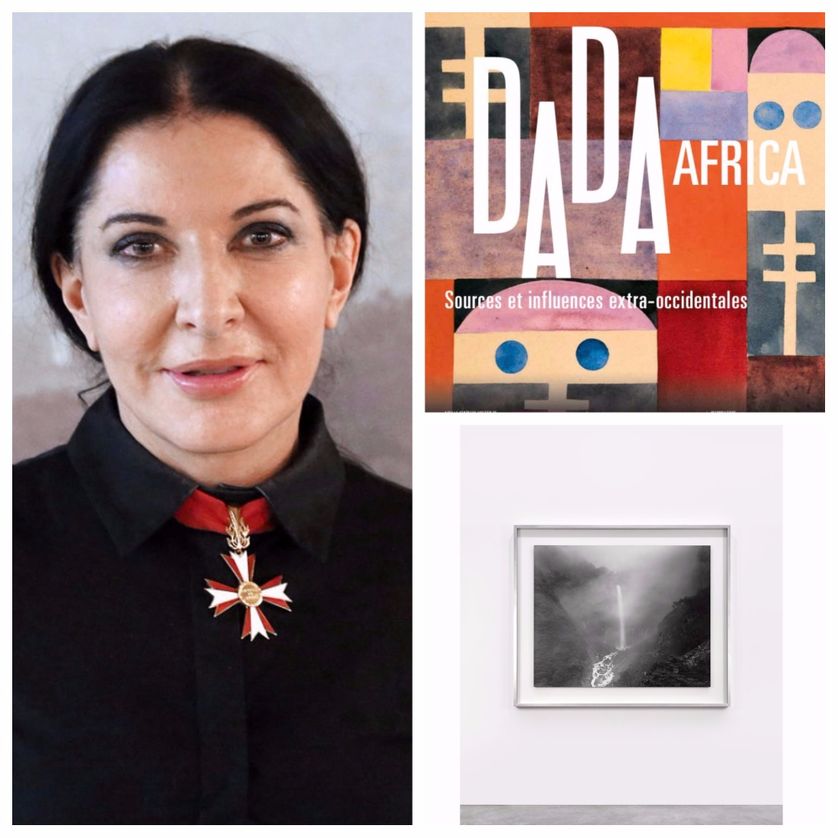 A gauche : Abramovic ; en haut à droite : affiche de l'exposition "Dada Africa" ; en bas : visuel de l'exposition de Sugimoto