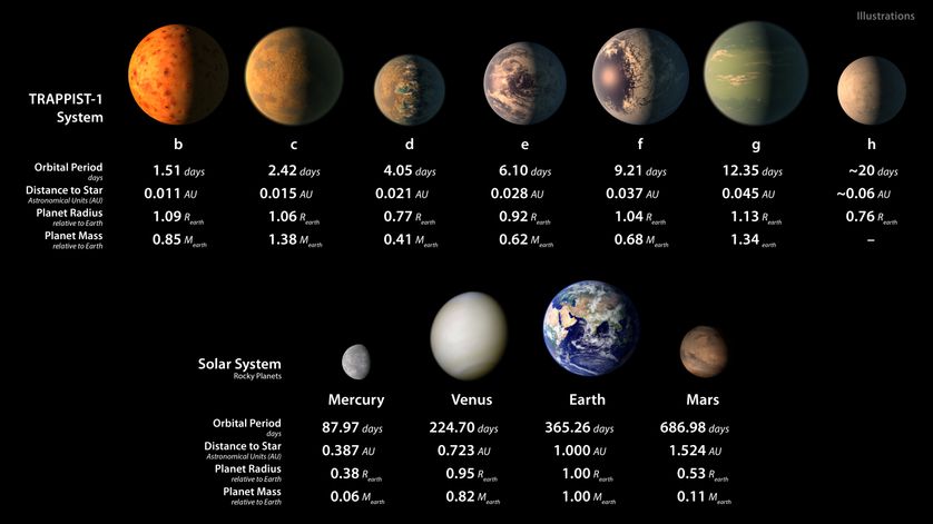 Comparaison entre les planètes du système solaire Trappist représentées selon les données connues et les planètes rocheuses de notre système solaire