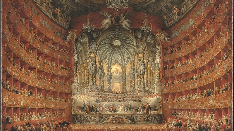 Giovanni Paolo Panini : "Fête musicale donnée par le cardinal de La Rochefoucauld au théâtre Argentina à Rome en 1747 à l’occasion du mariage du Dauphin, fils de Louis XV", 1747, Huile sur toile, 205 x 24 cm Paris, musée du Louvre