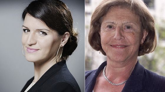 Marlène Schiappa, secrétaire d'État auprès du Premier ministre, chargée de l'Égalité entre les femmes et les hommes et Monique Pelletier, ancienne ministre déléguée chargée de la Famille et de la Condition féminine. ©AFP - JOEL SAGET / JACK GUEZ