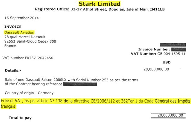 Facture Stark Limited du Falcon 2000LX acheté par Tinkov qui présente l'exonération de TVA
