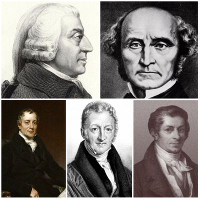 De gauche à droite et de bas en haut : Adam Smith, John Suart Mill, David Ricardo, Robert Malthus et Jean-Bapstiste Say