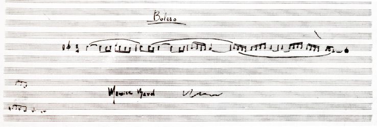 Manuscrit signé de Maurice Ravel reproduisant les cinq premières mesures du Boléro.