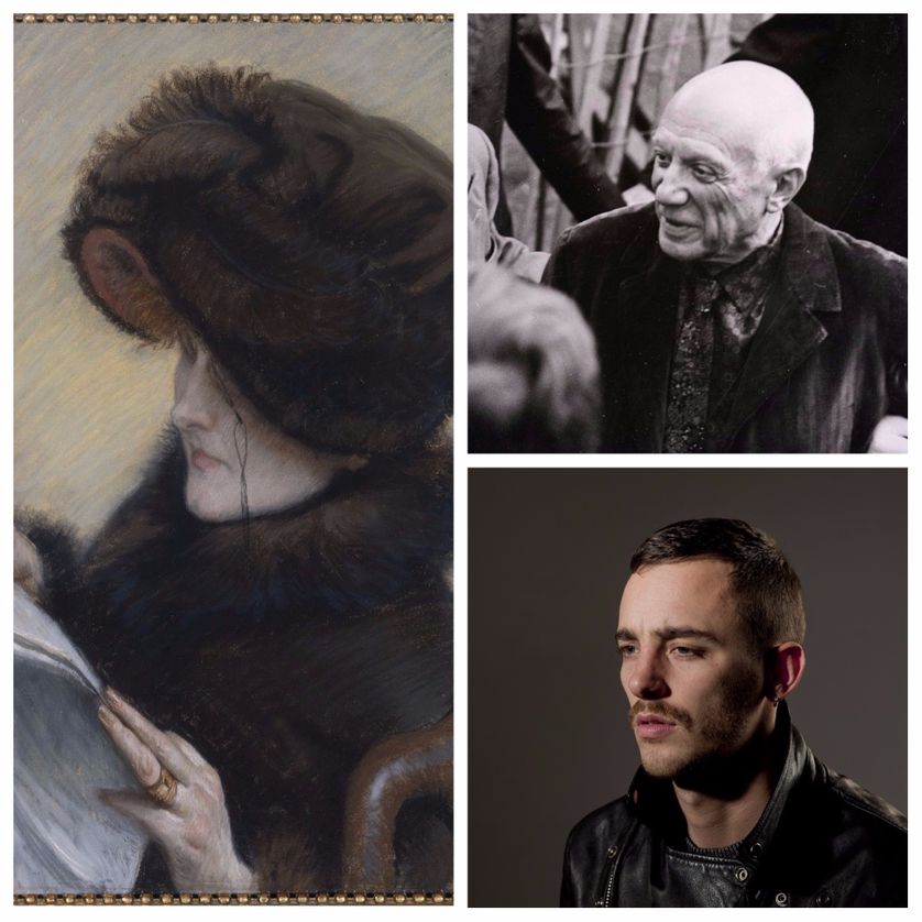 A gauche : James Tissot, Le Journal, vers 1883. Pastel ; en haut à droite : Picasso ; en bas : Théo Mercier