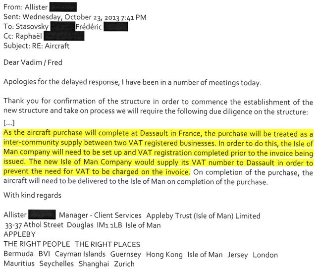 Extrait d'un échange de mails entre le responsable du service client d'Appleby et le représentant d’Oleg Tinkov, le 23 octobre 2013