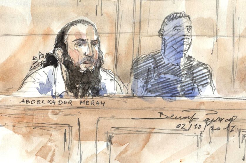 Croquis d'Abdelkader Merah, dans le box des accusés à la cour d'assises spéciale de Paris, avant le verdict