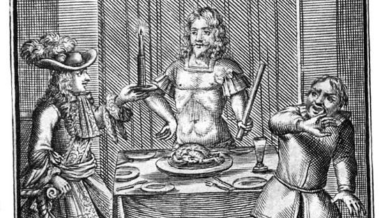 Illustration de Pierre Brissart pour "Dom Juan ou Le Festin de pierre", 1682. Gravure sur cuivre au burin par Sauvé. - BM centrale de Versailles via Wikimedia commons