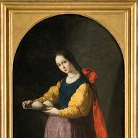 Sainte-Agathe de Catane, vierge et matyre chrétienne, dont l'une des tortures fut de se faire arracher les seins, et dont la légende est contée par Jacques de Voragine dans "La Légende dorée"