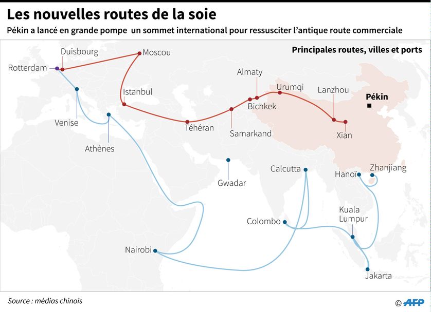 Carte indiquant les nouvelles routes de la soie que le gouvernement chinois entend promouvoir.