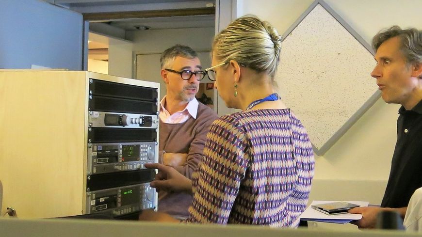 France Musique, cabine du studio 152... Franck Mallet, Béatrice Trichet & Philippe Venturini & Franck Mallet (de g. à d.)