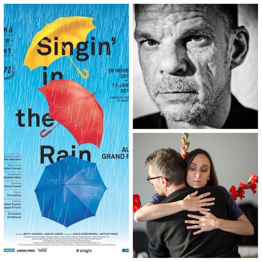 A gauche : affiche de Singin' in the Rain ; en haut à droite : Denis Lavant ; en bas : Actrice