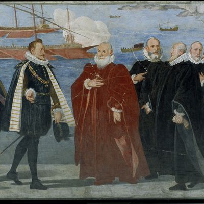 Le doge Giacomo Durazzo Grimaldi reçoit Don Juan d’Autriche en 1574 au port de Gênes, vers 1585, fresque attribuée à Lazzaro Tavarone. Museo di Sant'Agostino, Gênes, Italie