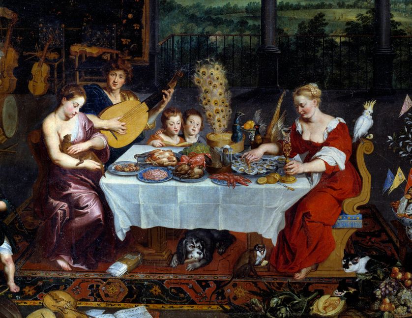 Le gout. Detail representant un repas de fruits de mer, volaille en presence de musiciens. Peinture de Jan Breugel Le Vieux