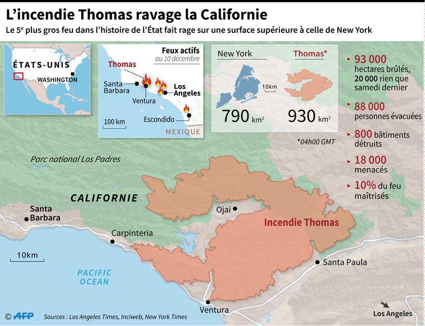 Localisation et données sur l'incendie Thomas en Californie