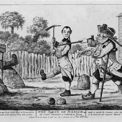 Le siège de Namur par l'Oncle Toby et le Caporal Trim, gravure dans l'édition de 1773, conservée à la British Cartoon Collection, Library of Congress, Etats-Unis.